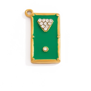 Gold billiard table pendant with green enamel and white crystal accents on white background
