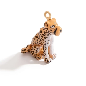 Detail of 18K gold plated leopard pendant with glossy enamel spots and metal ring