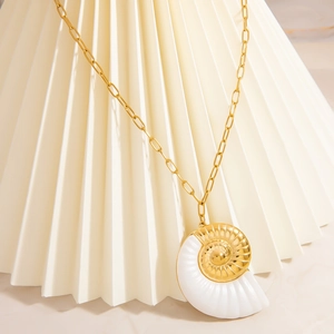 18K gold plated ocean snail shell pendant necklace on link chain with seashell details