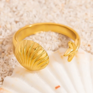 18K gold plated starfish and seashell open adjustable ring with ocean minimalist style
