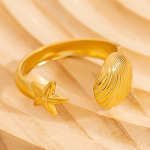 18K gold plated starfish and seashell open ring with polished adjustable band
