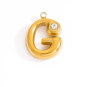Polished 18K gold teardrop bubble letter G pendant with a sparkling crystal stone accent