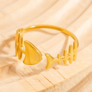 Bague arête de poisson en acier inoxydable doré 18K avec design ouvert ajustable