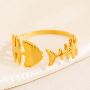 Bague ouverte en acier inoxydable doré 18K au design minimaliste de squelette de poisson