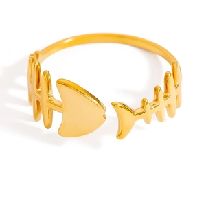 Bague ouverte en acier inoxydable doré 18 carats avec motif arête de poisson