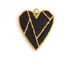 Colgante de corazón único con esmalte negro y líneas doradas agrietadas sobre fondo blanco