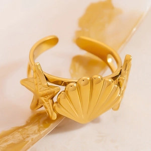 Adjustable 18K gold plated stainless steel ring featuring ocean seashell and starfish
