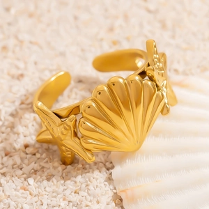 18K gold plated stainless steel open ring with seashell and starfish ocean design