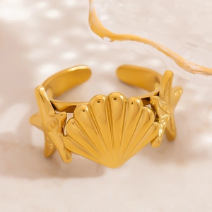 18K gold stainless steel sea shell and starfish open ring with polished finish