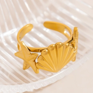 Adjustable 18K gold starfish and seashell stainless steel open ring for women