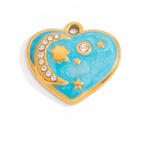 Colgante de corazón dorado con esmalte azul claro, luna de cristal y estrellas