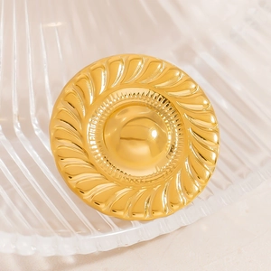 Elegant 18K gold plated round brooch with a radial swirl texture for fur coats and suits