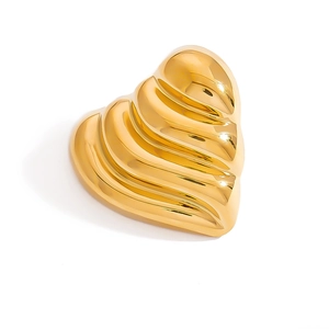 3D golden heart brooch with textured wavy folds and metallic glossy finish