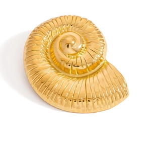 Polished 18K gold stainless steel nautilus shell brooch with a shiny metallic finish