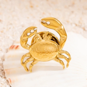 Broche crabe dorée minimaliste en acier inoxydable poli sur fond de coquillage marin