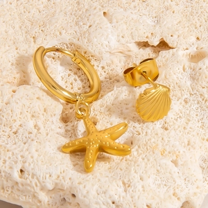 Stainless Steel Sea Star Shell Pendant Hoop Earrings For Women Artificial Pearl Rhinestone Gold Plated Ocean Jewelry