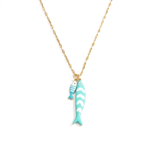 Tropical fish pendant necklace with blue enamel heart pattern on gold stainless steel chain