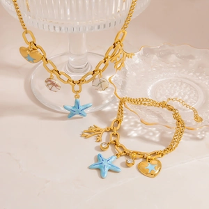Ensemble collier et bracelet en acier inoxydable doré avec pendentifs étoile de mer