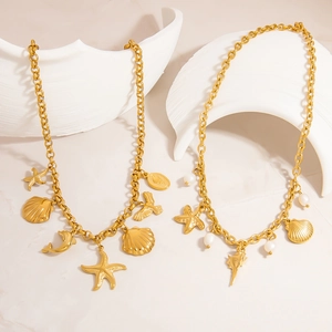 Goldene Edelstahl Meereskette Mit Seestern Muschel Künstliche Perle Anhänger Für Damen Sommer Strand Urlaub Schmuck