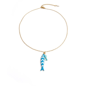 Detail of blue enamel tropical fish pendants on a gold stainless steel necklace