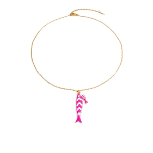 Detail of lobster clasp and adjustable gold chain with pink tropical fish pendants