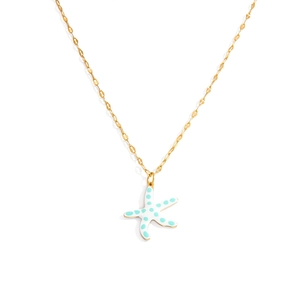 Detail of a gold stainless steel necklace featuring a white enamel starfish pendant with blue dots