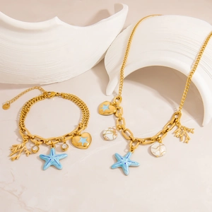 Collier Bracelet Pendentif Coeur Étoile de Mer Pour Femmes Acier Inoxydable Plaqué Or Strass Émail Bijoux Vacances Été
