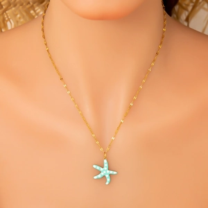 Minimalist stainless steel gold wave chain necklace with blue starfish enamel pendant