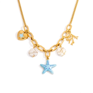 Collier en acier inoxydable doré avec breloques étoile de mer, cœur et corail style marin