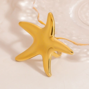 Elegant gold starfish open ring in stainless steel with a high-polished mirror finish