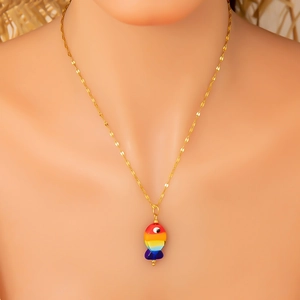 Detailed view of an 18K gold starfish pendant with colorful rainbow stripes and fine chain