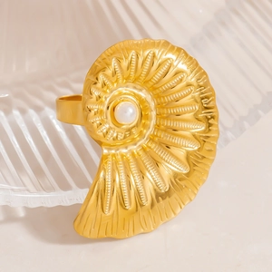 18k gold plated stainless steel nautilus seashell ring with white pearl accent for women