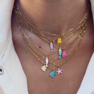 Gold multi-layer stainless steel necklace with colorful tropical sea animal pendants