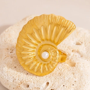Chunky gold ocean style spiral shell ring with pearl accent and 18k gold plating