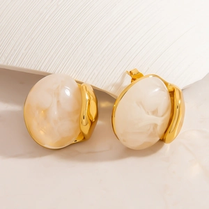 French vintage titanium steel gold earrings with cream resin inlay in an oval shape