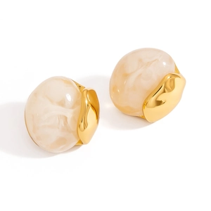French vintage titanium steel hoop earrings with 18K gold plating and resin marble texture