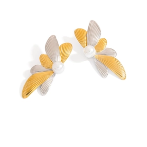 Abstract two-tone flower earrings with pearls and brushed gold and silver metal textures