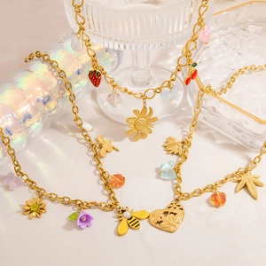 Edelstahl Halskette in Gold mit Biene Blume und bunten Steinanhängern für Damen