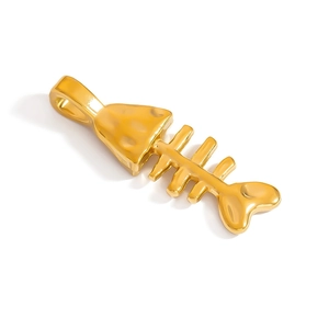 Golden stainless steel fish bone pendant with textured finish and heart-shaped tail