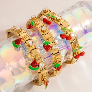 Luxury Gold Plated Stainless Steel Italian Charm Bracelet Enamel Strawberry Cherry Watermelon Fruit Pendants Stretchy Jewelry