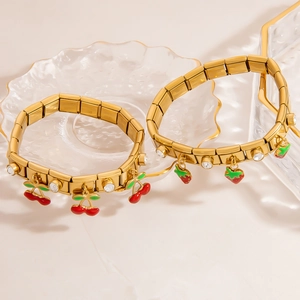 Italian modular gold bracelet set with strawberry and cherry pendants and crystals