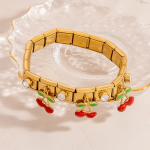 Gold stainless steel modular bracelet with cherry pendant and inlaid crystals