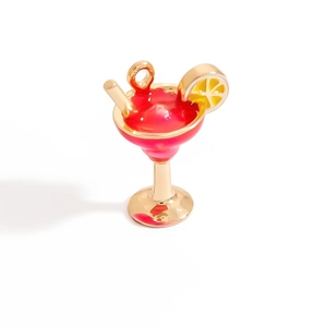 Cute golden cocktail glass pendant with pink enamel and yellow lemon slice for DIY jewelry