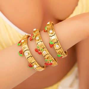 18k gold plated stainless steel stretch bracelet set with enamel fruit and crystal charms