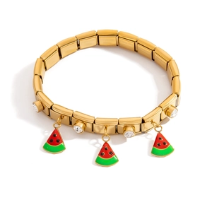 Gold Italian charm bracelet with sparkling crystals and vibrant watermelon fruit dangles