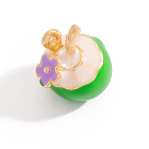 Detail of a tropical coconut-shaped alloy pendant with green enamel and a purple flower