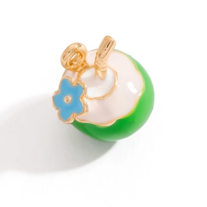 Detail of coconut drink charm pendant with green enamel finish and gold straw