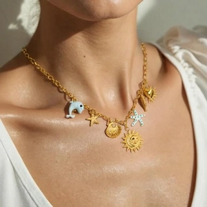 Goldbeschichtete Edelstahlhalskette Mit Emaille Obst Ozean Anhängern Künstliche Perlenimitat Schmuck Für Damen Strand Alltag