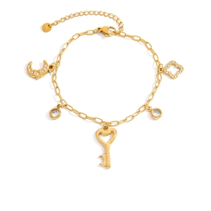 Gold stainless steel link bracelet featuring crystal key and moon charms with 18K plating