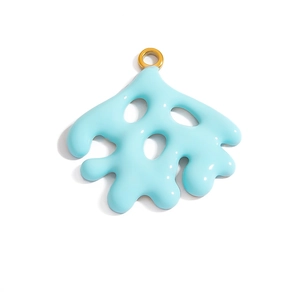 Macro view of light blue fluid organic enamel pendant with polished gold hanging ring